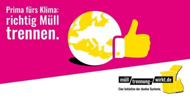 Mülltrennung Das Symbolbild der Initiative des Dualen Systems mit dem Titel mülltrennung-wirkt.de zeigt eine Hand mit erhobenem Daumen und dahinter eine Weltkugel.