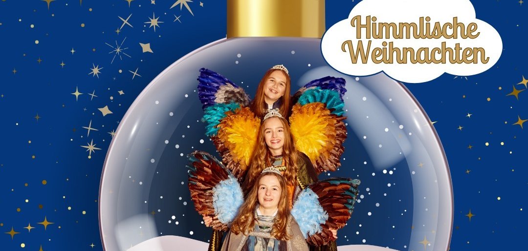 Montage mit drei Engeln in einer Glaskugel.