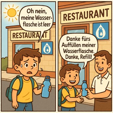 Refill-Aktion Comicartige Darstellung von einem Kind, das seine Flasche auffüllen lässt.