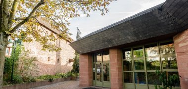 Man sieht einen Teil der Stadthalle und das Gebäude neben der Stadthalle. Die Stadthalle hat gemauerte Säulen mit grünen Fenstern zwischen den Säulen. 