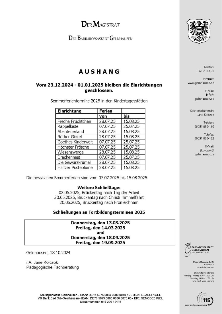 Schließzeiten Kitas Übersicht über die Schließzeiten der Kitas 2024/2025