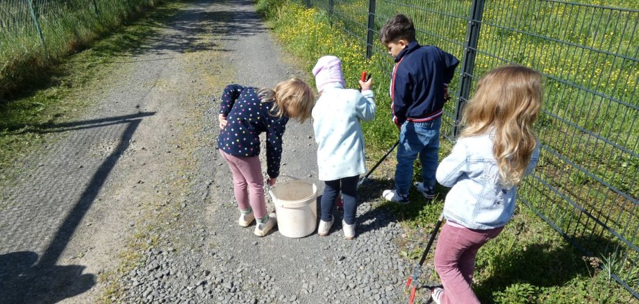 Kinder sammeln Müll in der Haitzer Gemarkung.