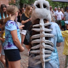 Kindersommer Ein Mädchen mit Saurierhaube und Skelettrückgrat aus Stoff tanzt.