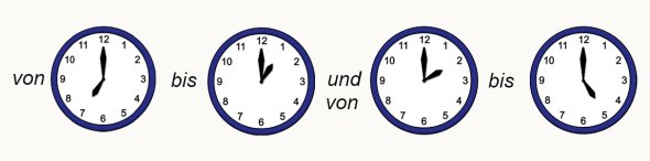 Vier Uhren geben die Öffnungszeit von sieben bis eins und von zwei bis fünf an.