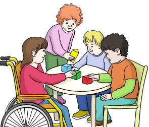 Zeichnung einer gruppe von Kindern an einem Tisch sitzend.