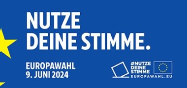 Logo der Europawahl 2024, Grundfarbe blau. Nutze Deine Stimme.