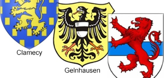 Die Gemeindewappen der Partnerstädte: Clamecy, Gelnhausen, Marling.