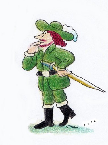 Ausstellung Grimmelshausen Simplicius in Denkerpose.