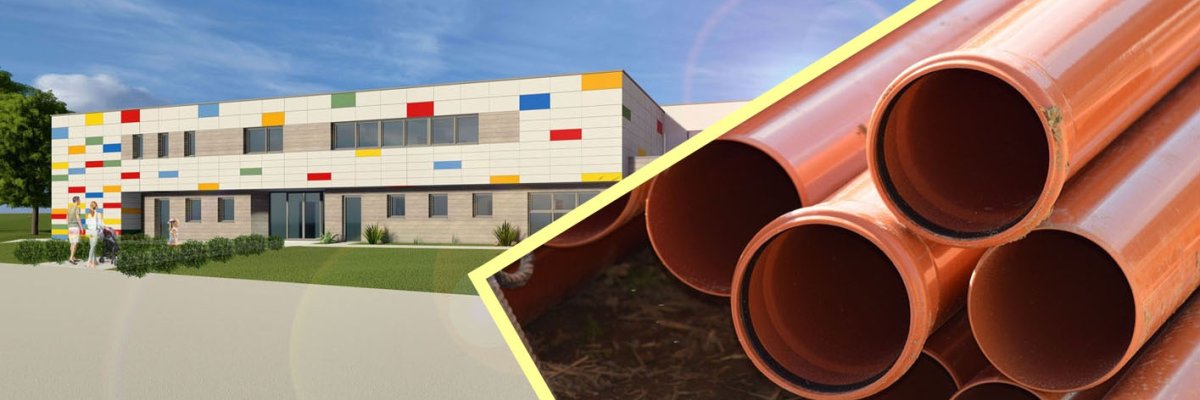 Geteiltes Symbolbild zeigt als Beispiel für den Hochbau eine Architektenzeichnung des neuen Kindergartens in Meerholz und als Tiefbaubeispiel rotbraune Kanalrohre von geringem Durchmesser.