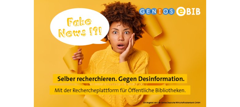 Teaser fakenews Frau in gelben Pullover schaut erstaunt durch ein Papierloch