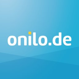 weißes onilo Logo auf blauem Hintergrund