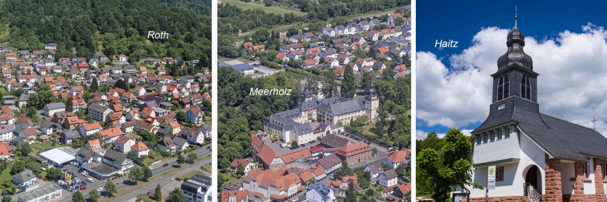 Drei Einzelbilder zeigen die Orte Roth, Meerholz und Haitz.