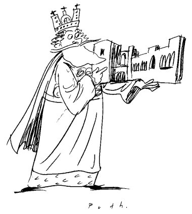 Bildliche Darstellung Barbarossa Auf weißem Hintergrund sieht man eine gezeichnete Darstellung des Kaiser Barbarossa mit der Kaiserpfalz in der Hand.