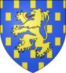 Bild eines Wappens mit blauem Grund, in der Mitte ist ein gelber Löwe und um den Löwen herum sind gelbe Rechtecke. 