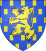 Clamecy Wappen Bild eines Wappens mit blauem Grund, in der Mitte ist ein gelber Löwe und um den Löwen herum sind gelbe Rechtecke.