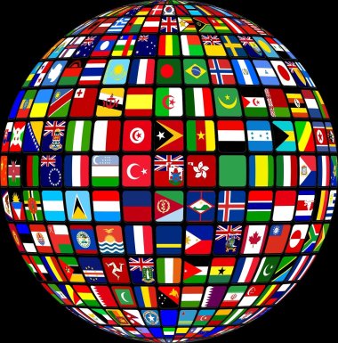 Symboild zeigt eine Weltkugel mit allen Flaggen der Länder der Welt