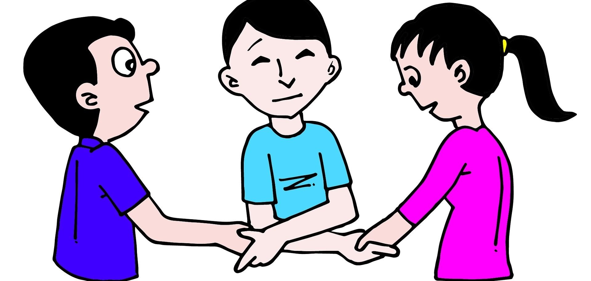 Schiedsamt Ein gezeichneter Junge und ein gezeichnetes Mädchen stehen auf der linken und der rechten Bildseite, in der Mitte steht ein gezeichnetes Mädchen und reicht beiden gleichzeitig die Hand. Eine Geste der Versöhnung.